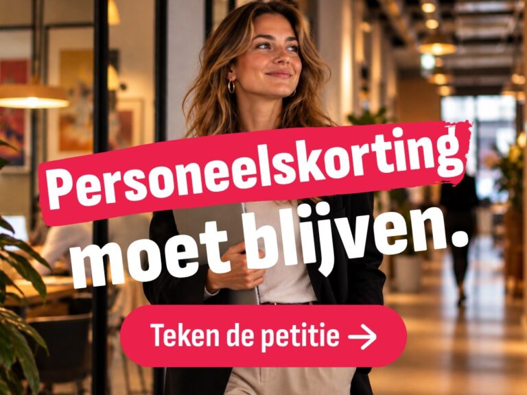 Campagnebeeld met de tekst Personeelskorting moet blijven en een oproep om de petitie te tekenen