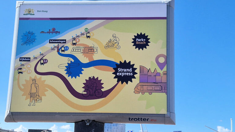 Informatiebord van de gemeente Den Haag met routes naar Scheveningen en Kijkduin per tram, bus, fiets en Park+Beach